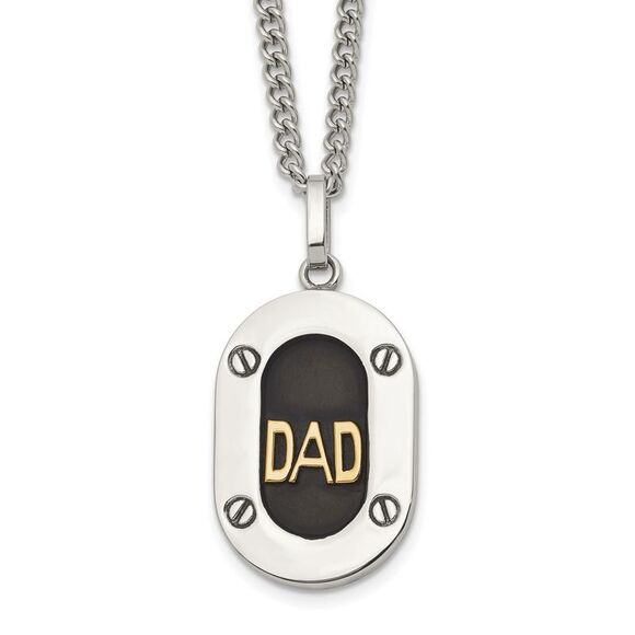 Steel 14k Yellow Gold Accent DAD Black Enameled Pendant 24in Curb Chain Necklace